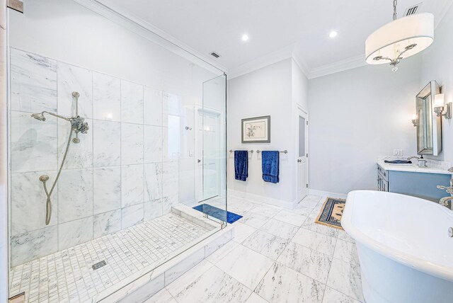 bathroom with independent shower and bath, vanity, and crown molding