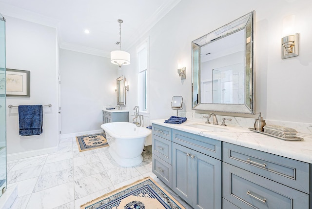 bathroom featuring vanity, ornamental molding, and separate shower and tub