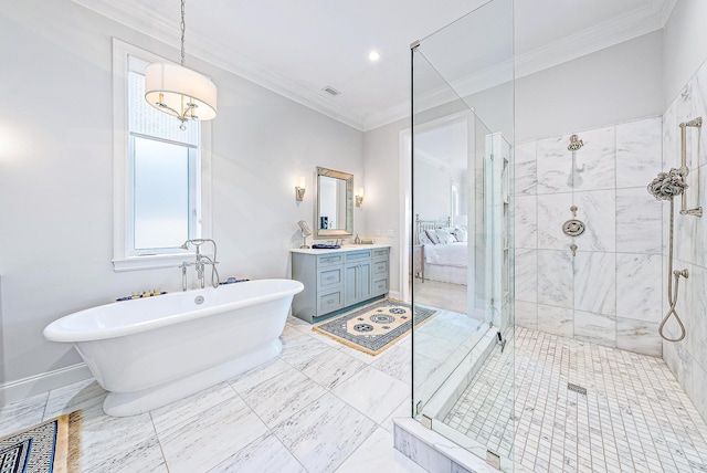 bathroom with ornamental molding, vanity, and separate shower and tub