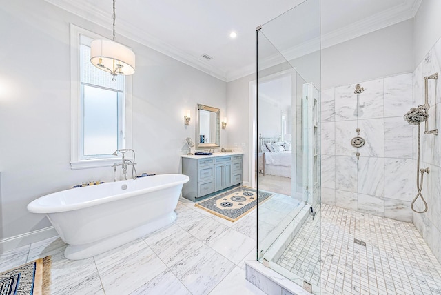 18587 SE Ferland Ct, Jupiter, FL 33469 - bathroom with a stall shower, vanity, visible vents, a freestanding bath, and ornamental molding