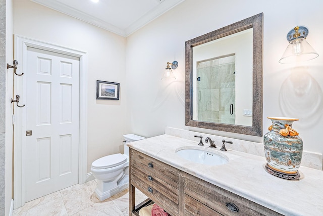 18587 SE Ferland Ct, Jupiter, FL 33469 - full bathroom with a shower stall, toilet, vanity, and ornamental molding