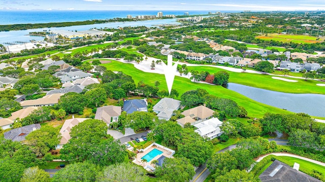 18587 SE Ferland Ct, Jupiter, FL 33469 - birds eye view of property with a water view, view of golf course, and a residential view