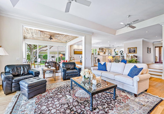 living room featuring ceiling fan, hardwood / wood-style flooring, a raised ceiling, and crown molding