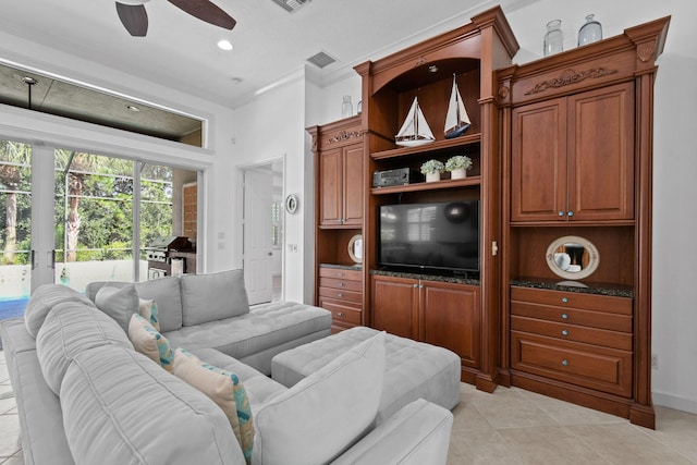 living room featuring ceiling fan, visible vents, light tile patterned floors, ornamental molding, and recessed lighting