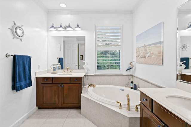 bathroom featuring tile patterned flooring, a sink, a bath, and ornamental molding
