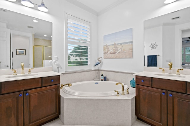 bathroom featuring a healthy amount of sunlight, crown molding, and plus walk in shower