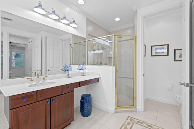 bathroom featuring walk in shower, vanity, and toilet