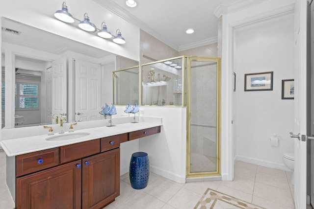 bathroom featuring vanity, toilet, tile patterned floors, a shower stall, and visible vents