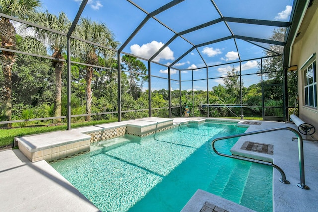 pool featuring a hot tub, a patio area, and a lanai