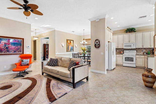 tiled living room featuring ornamental molding, ceiling fan with notable chandelier, and a textured ceiling