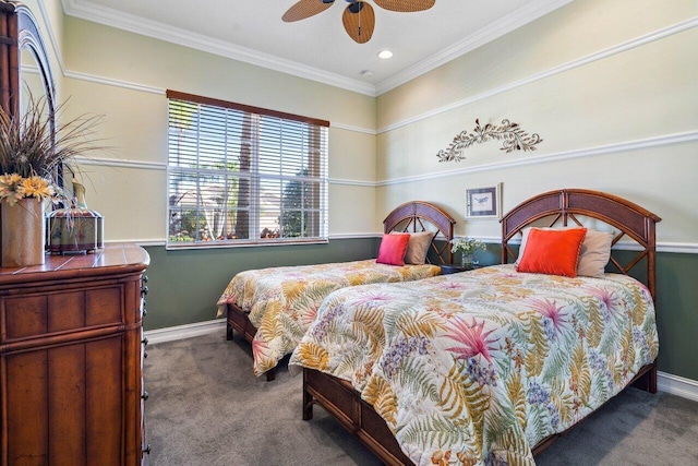 bedroom with ceiling fan, crown molding, and carpet