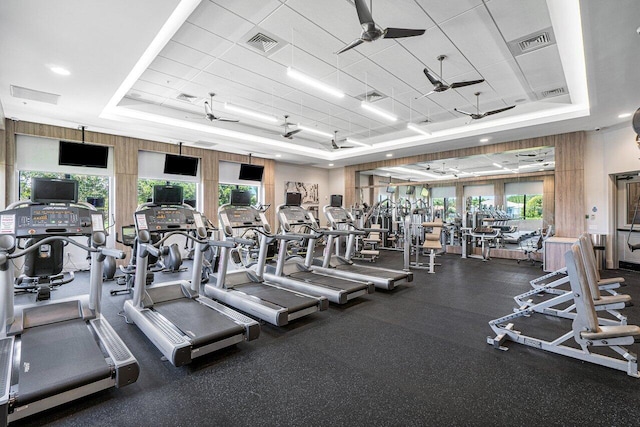 workout area with a wealth of natural light, a tray ceiling, and ceiling fan