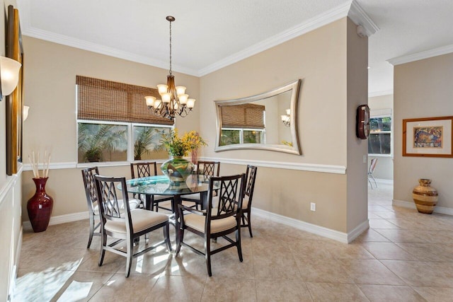 tiled dining area with an inviting chandelier and crown molding