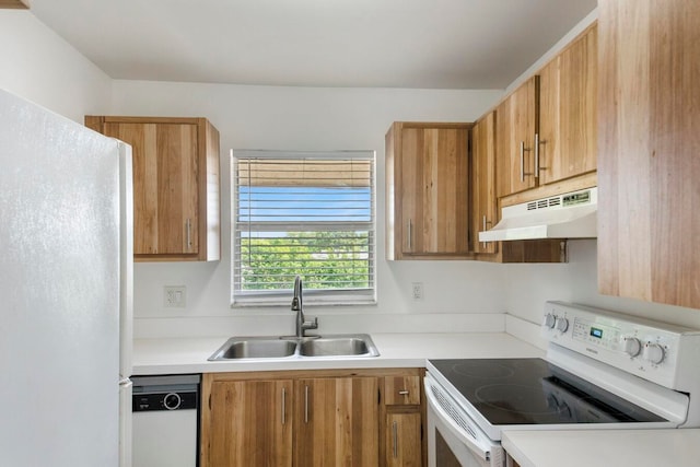 kitchen featuring dishwasher, white range with electric cooktop, and sink