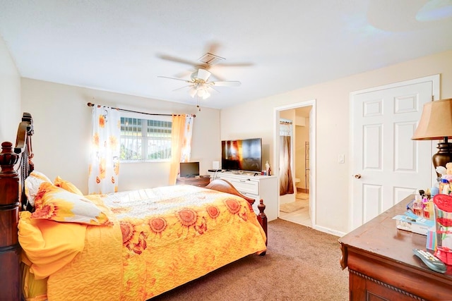 carpeted bedroom featuring ceiling fan