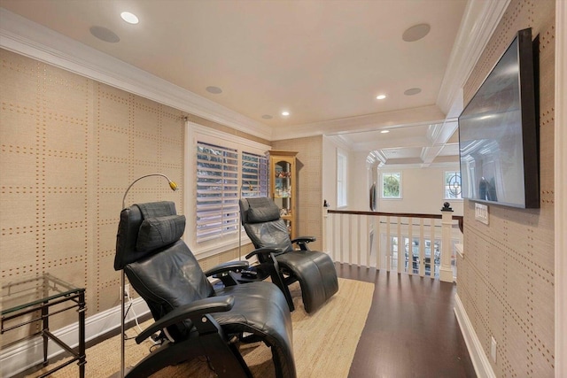 interior space featuring wood-type flooring and crown molding