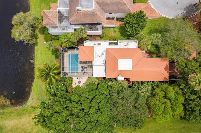 birds eye view of property featuring a water view