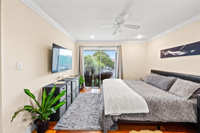 bedroom featuring hardwood / wood-style floors, access to outside, ceiling fan, and crown molding