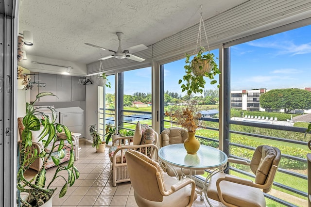 sunroom / solarium featuring ceiling fan and a healthy amount of sunlight