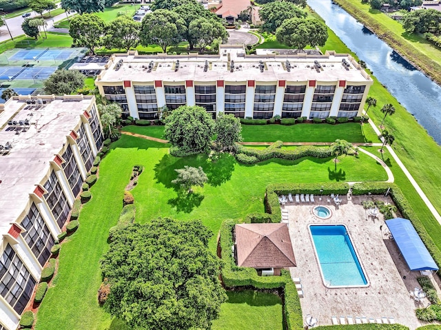 aerial view featuring a water view