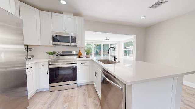 kitchen with stainless steel appliances, white cabinets, kitchen peninsula, and sink