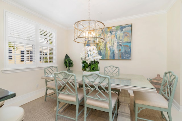 carpeted dining area featuring ornamental molding and a notable chandelier