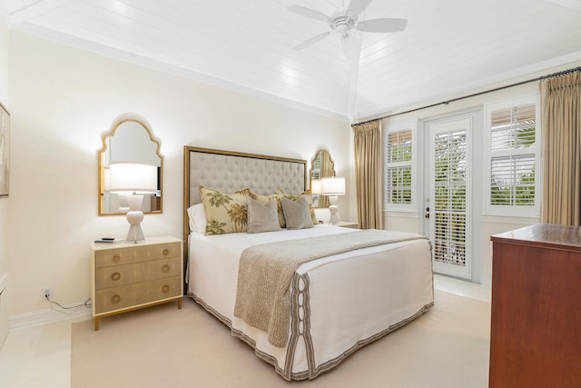 carpeted bedroom featuring wood ceiling, lofted ceiling, ceiling fan, and access to exterior