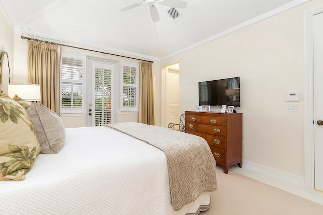 bedroom with access to exterior, lofted ceiling, light carpet, crown molding, and ceiling fan