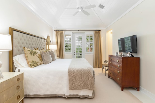 bedroom featuring lofted ceiling, light colored carpet, access to outside, ornamental molding, and ceiling fan