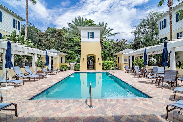 view of pool featuring a pergola and a patio