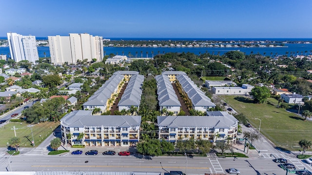 aerial view featuring a water view