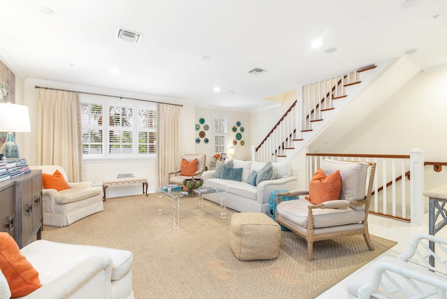 living room with crown molding