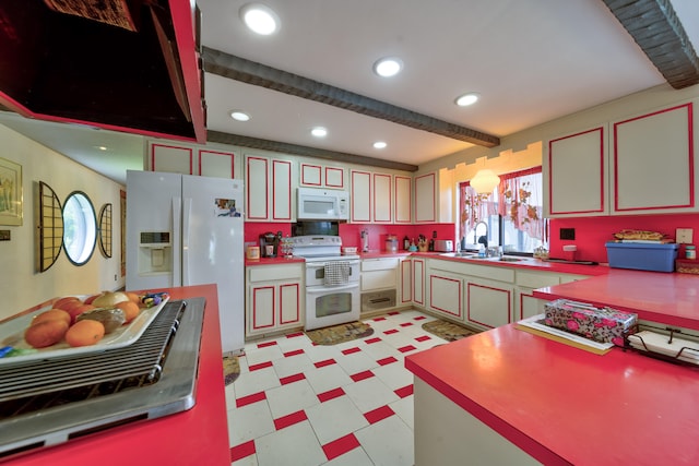 kitchen featuring white appliances, sink, and beamed ceiling