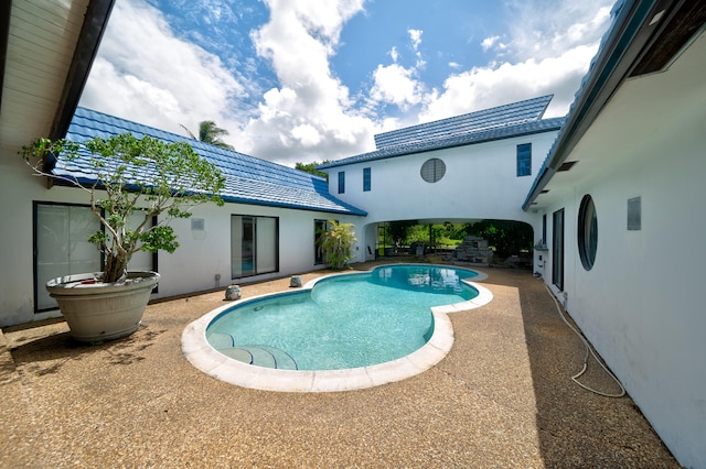 view of swimming pool featuring a patio