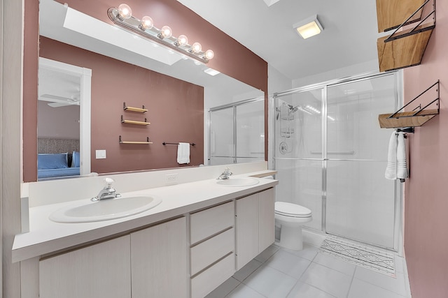 bathroom with ceiling fan, vanity, toilet, tile patterned flooring, and a shower with door