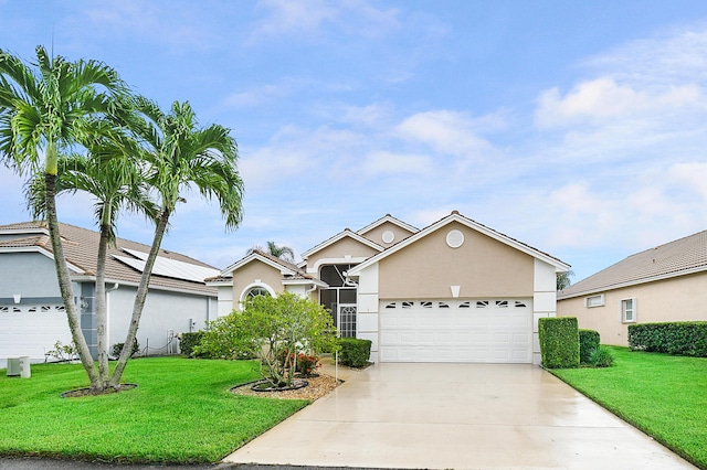 ranch-style home featuring an attached garage, stucco siding, and a front lawn