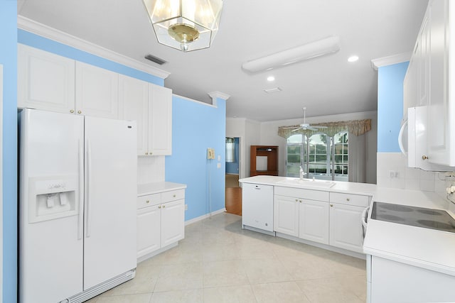 kitchen featuring sink, white appliances, ornamental molding, white cabinets, and decorative backsplash