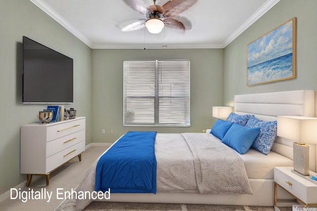 carpeted bedroom with ceiling fan and crown molding