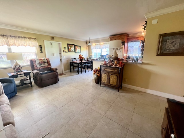 living room with plenty of natural light, light tile patterned flooring, and crown molding