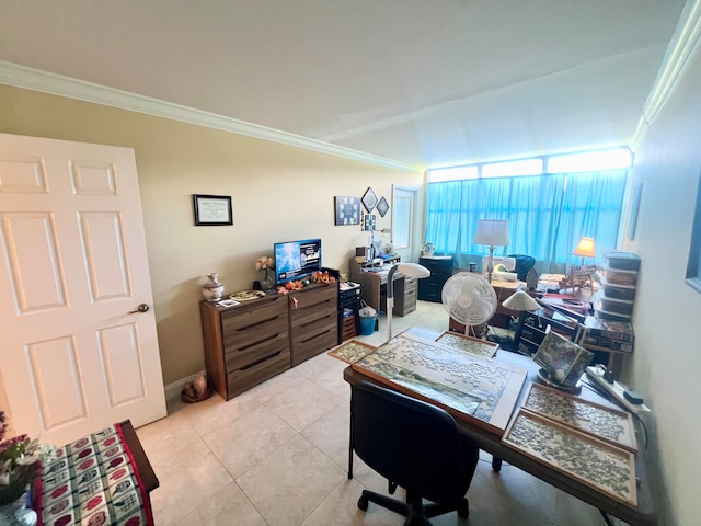 home office with crown molding and light tile patterned floors