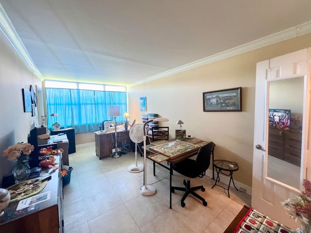 tiled home office with crown molding