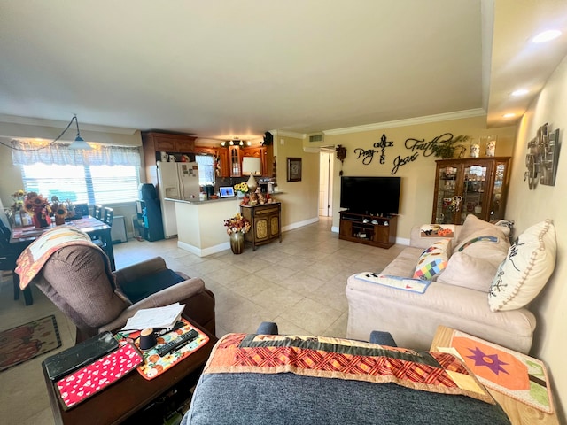 tiled living room with crown molding