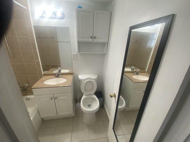 full bathroom featuring plus walk in shower, tile patterned flooring, vanity, and toilet