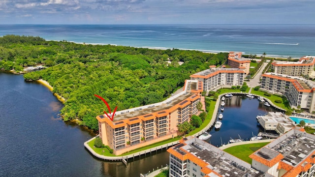 drone / aerial view with a water view