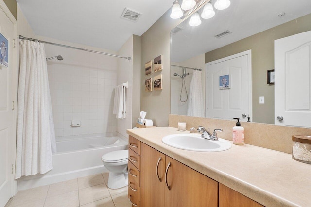 full bathroom featuring vanity, tile patterned flooring, toilet, and shower / tub combo with curtain