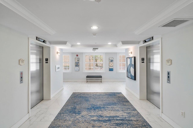 hallway featuring elevator and crown molding