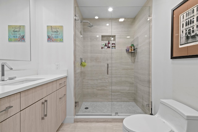 bathroom featuring a shower with door, vanity, and toilet