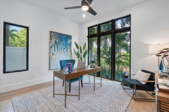 office with light hardwood / wood-style flooring, ceiling fan, and a healthy amount of sunlight