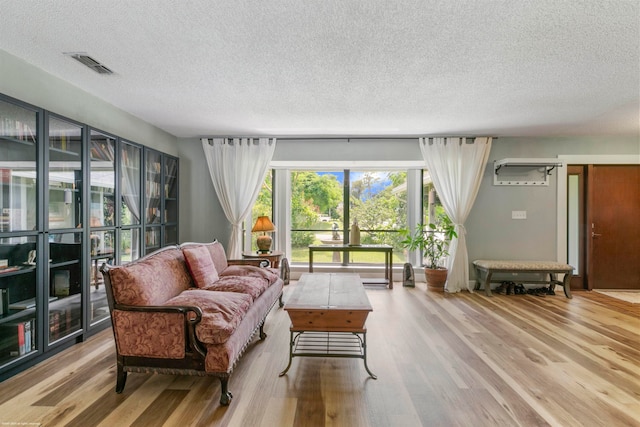 living room with light hardwood / wood-style flooring and a textured ceiling