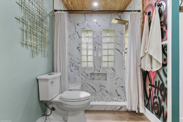 bathroom featuring wooden ceiling, walk in shower, hardwood / wood-style floors, and toilet